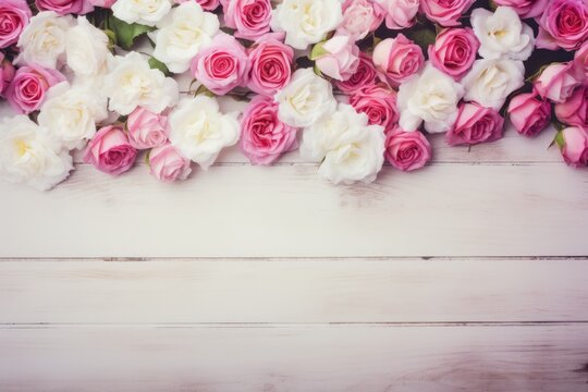 Background with white and pink roses on painted wooden planks. Copy space for text