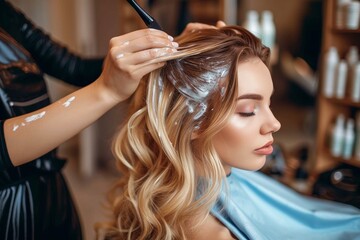 Fototapeta premium A woman transforms her look as she sits in a bustling beauty salon, entranced by the skilled hands of her hairdresser and surrounded by an array of cosmetics and fashion, ready to emerge with a stunn