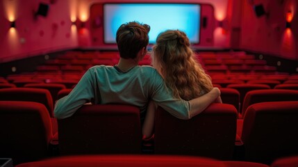 Couple in love watching movie in cinema. Back view of man and woman sitting in cinema hall and looking at screen