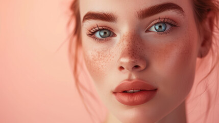 Beauty portrait of young beautiful woman with freckles on her face. Peach fuzz background