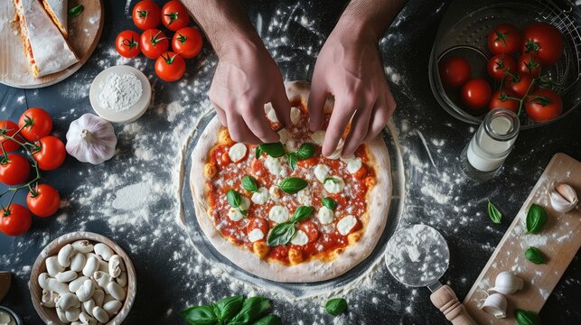 Female hands making pizza with mozzarella, tomatoes and basil on wooden table. Top view