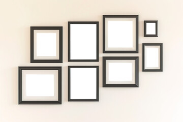 Diverse frame collection on white wall with copy space for images. Transparent background
