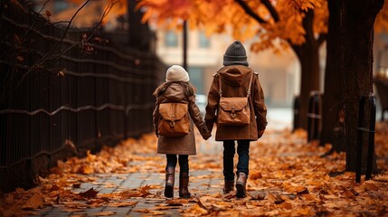 A boy and a girl holding hands walking backwards in winter clothes on a street covered in dry leaves.