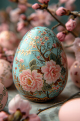 Fototapeta premium Floral Elegance on Cerulean Egg. AI Generative.