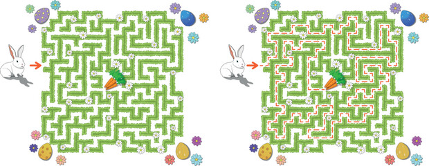 Help easter bunny pass through green hedge maze to find carrots. Feed the hungry pet labyrinth. Family riddle for kids and parents with solution - red passing route.