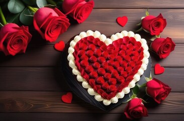A bouquet of red roses in the shape of a heart. Valentine's Day, Mother's Day. Copy space