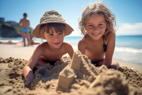 Two young children bask in the warmth of the summer sun as they frolic in the sand, their sun hats shielding their faces from the bright sky above, creating a picture perfect moment on their beach va