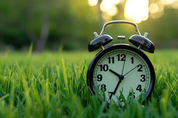 A black alarm clock stands in the green grass in the park. Concept of changing time to summer time. Management and planning