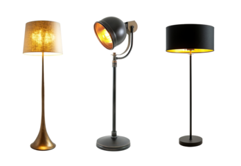 Set of different styles of modern floor lamps over isolated transparent background