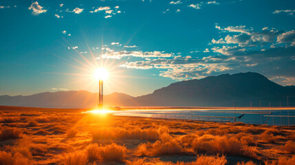 Aerial view of solar energy towers, concentrated solar power plant. Renewable energy. Green energy.