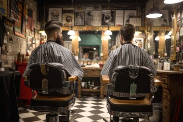 In a bustling barber shop, two men sit among the stylish furniture, taking in the scene of people coming and going as they await their turn in the barber's chair, surrounded by the indoor comforts of