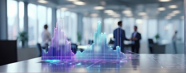 Holographic graphic representation of a bar chart and ascending lines, indicating growth or increase, in a modern office environment.