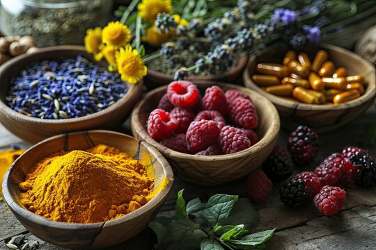 Holistic medicine concept, healthy food eating, dietary supplements, healing herbs and flowers.