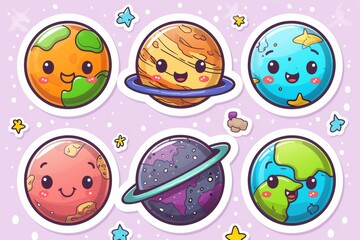 Whimsical child-like illustrations of colorful cartoon planets, captured within perfect circles of clipart-style art