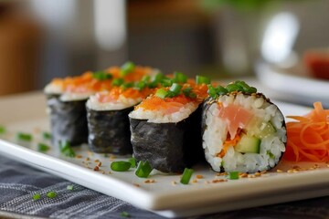 A delectable assortment of sushi delicacies, including a california roll and gimbap, are beautifully presented on a tray adorned with nori and garnishes, showcasing the artful mastery of japanese cui