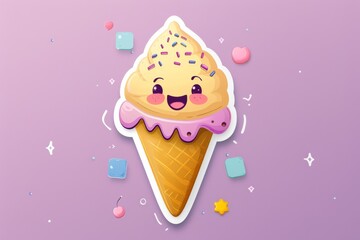 A jovial cartoon ice cream cone with a beaming face, exuding sugary sweetness and creamy delight, beckons as the perfect frozen treat for any dairy-loving snack enthusiast - obrazy, fototapety, plakaty