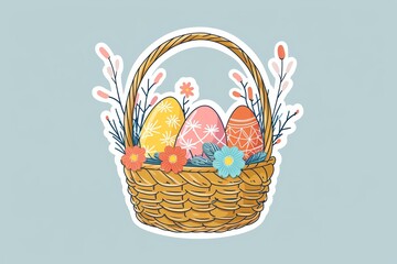 A charming picnic basket, adorned with colorful flowers and filled with fresh eggs, invites us to imagine a peaceful afternoon surrounded by nature's beauty