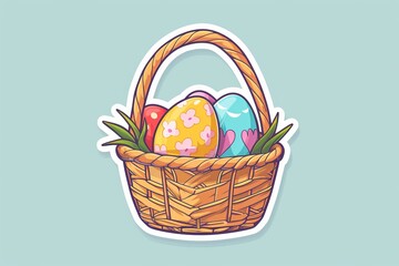 An illustrated basket brimming with easter eggs and fruit, perfect for a charming picnic or stylish storage container