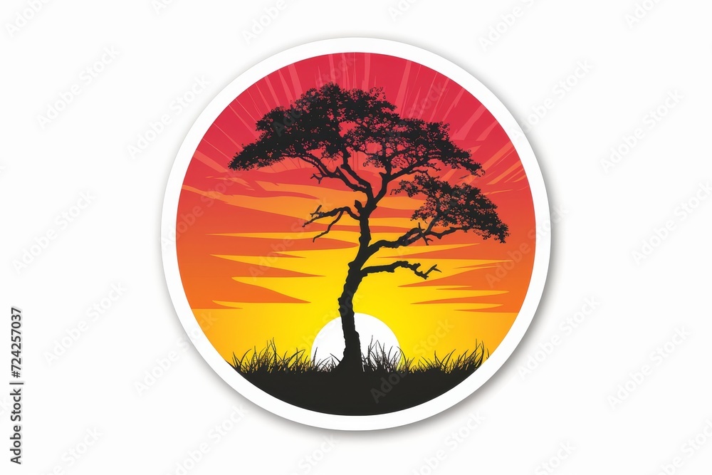 Aufkleber nature's embrace at the end of day, a tree stands tall within a circular field of grass, as the sun 