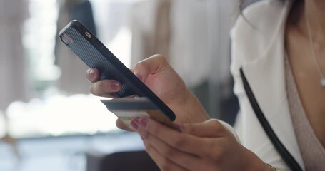 Hands, phone and credit card for online payment in store, retail and finance or purchase. Person, boutique and banking on technology or ecommerce, transaction and sale on website or promo and invest