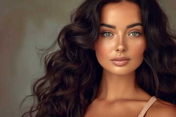 Fototapeta premium A striking fashion model with long, brown hair poses for a glamorous photo shoot, showcasing her flawless skin and bold makeup including defined eyebrows, dramatic eye liner, and glossy lips