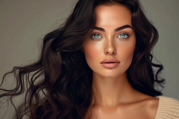 Naklejka premium A stunning fashion model with long hair poses against a wall in an indoor photo shoot, showcasing her flawless skin, bold eye makeup, and luscious lips, exuding confidence and elegance