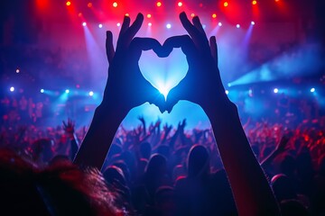 A euphoric music lover spreads love and joy at a lively concert with a heart formed by their hands, creating a vibrant atmosphere at the rave event