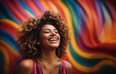 African American Person Laughing on a  LGBTQ Rainbow Background