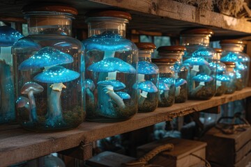 Magic Psilocybin Mushrooms in bell jars stored on shelf. Fantasy Glowing Mushrooms in mystery dark close-up. Border art design. Magic light.