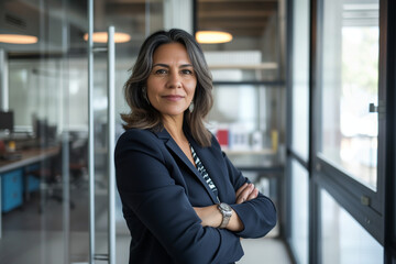 a confident Latin middle-aged businesswoman stands in her office with her arms crossed, looking directly at the camera for a portrait