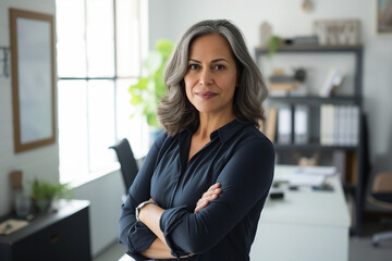 a confident Latin middle-aged businesswoman stands in her office with her arms crossed, looking directly at the camera for a portrait