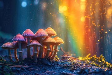 Magic Psilocybin Mushrooms. Fantasy Glowing Mushrooms in mystery dark forest close-up. Beautiful macro shot of magic mushroom, fungus. Border art design. Magic light.