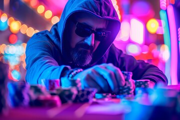 Naklejka premium Professional poker player in hoodie and sunglasses gambling with cards and chips at casino table