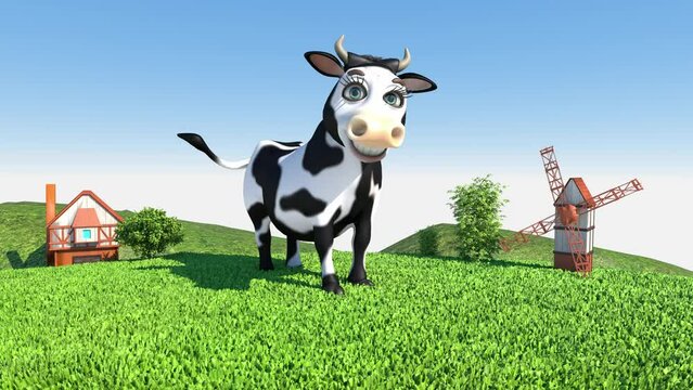 Funny cartoon cow in the meadow loop render 3d