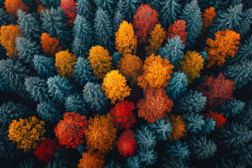 Fototapeta na wymiar Drone photograph of a dense forest in autumn, displaying a spectrum of fall colors. Concept of seasonal changes and nature's palette. Generative Ai.