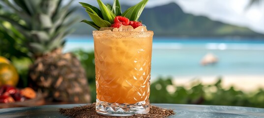 Tropical mai tai cocktail with blurred beach background, perfect for text placement.