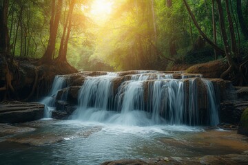 Fototapeta na wymiar Panoramic beautiful deep forest waterfall in Thailand