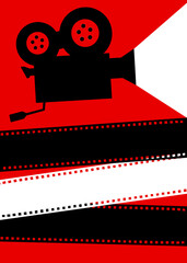Red cinema banner with retro camera and film reel with space for text