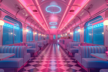 A classic 1950s diner with neon lights and checkered floors, embodying the era's unique style....