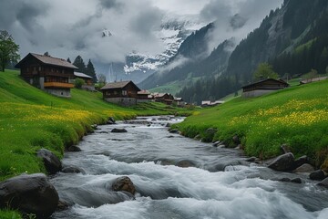 Fototapeta na wymiar Swiss landscape with river stream and houses