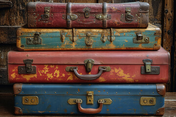 A set of vintage suitcases, telling tales of travel and adventure from the past. Concept of travel nostalgia and historic journeys. Generative Ai.