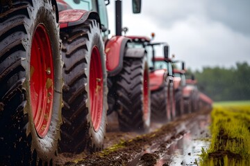 A row of tractors parked next to each other. Suitable for agricultural and farming concepts