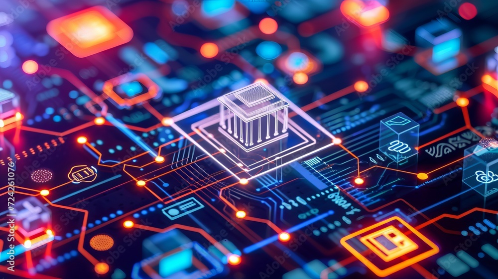 Poster interactive holographic icons of big shining banking instruments floating in the air