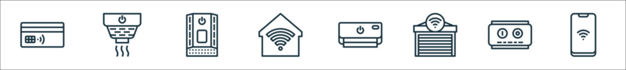 smarthome line icons. linear set. quality vector line set such as smartphone, power switch, smart garage, air conditioning, smarthome, alarm bell, smoke detector. - obrazy, fototapety, plakaty