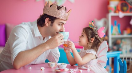 A playful tea party, with a father and his young daughter dressed as royalty in a colorful playroom, sweet fatherhood moment, happy father's day