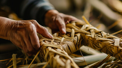 Rustic Elegance: Close-up of Hands Holding Intricately Crafted Palm Leaf Object