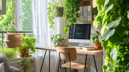A sunlit home office filled with indoor plants, creating a refreshing and productive workspace. - obrazy, fototapety, plakaty