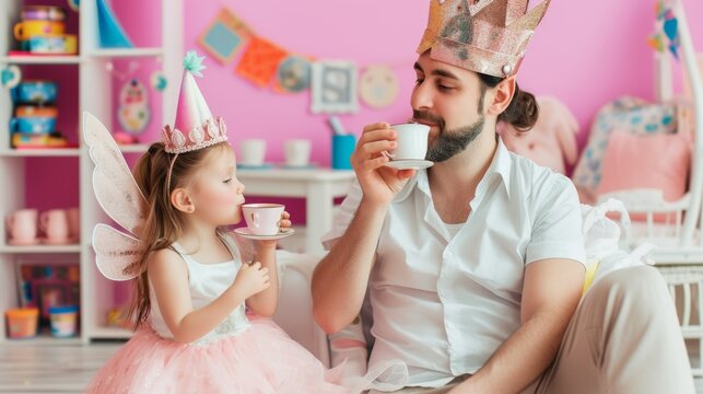 A playful tea party, with a father and his young daughter dressed as royalty in a colorful playroom, sweet fatherhood moment, happy father's day