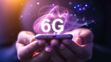Captivating 6g holographic icon on mobile phone in hands, creating immersive visual experience