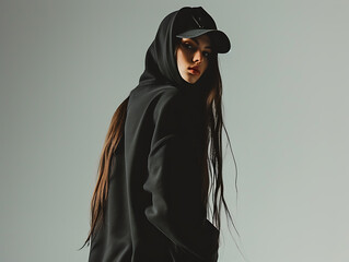 Fashionable black long hoodie mockup worn by a woman, streetwear for branding, design, commerce, front view. Indoor with steel blue colored wall. Created with Generative AI.
